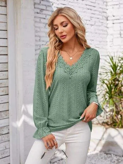 Applique V-Neck Flounce Sleeve T-Shirt Sage Women's T-Shirts - Tophatter Daily Deals